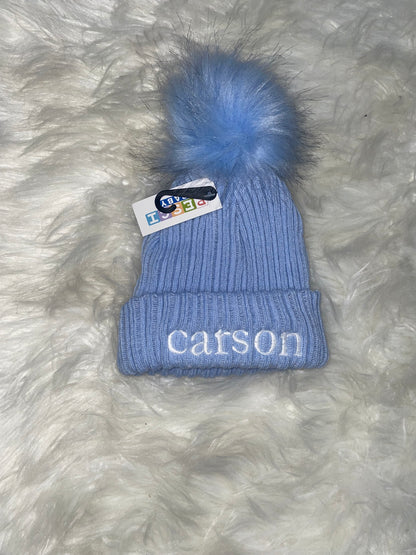 Embroidered Baby Pom Pom Hat