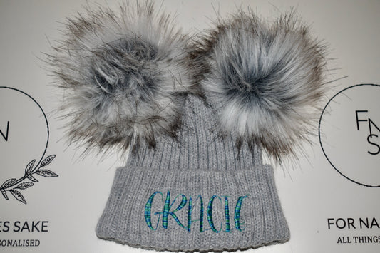 Grey Embroidered Double Pom Pom hat