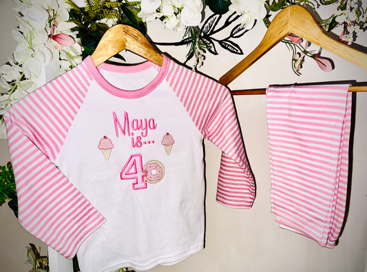 embroidered pink stripe birthday pjs