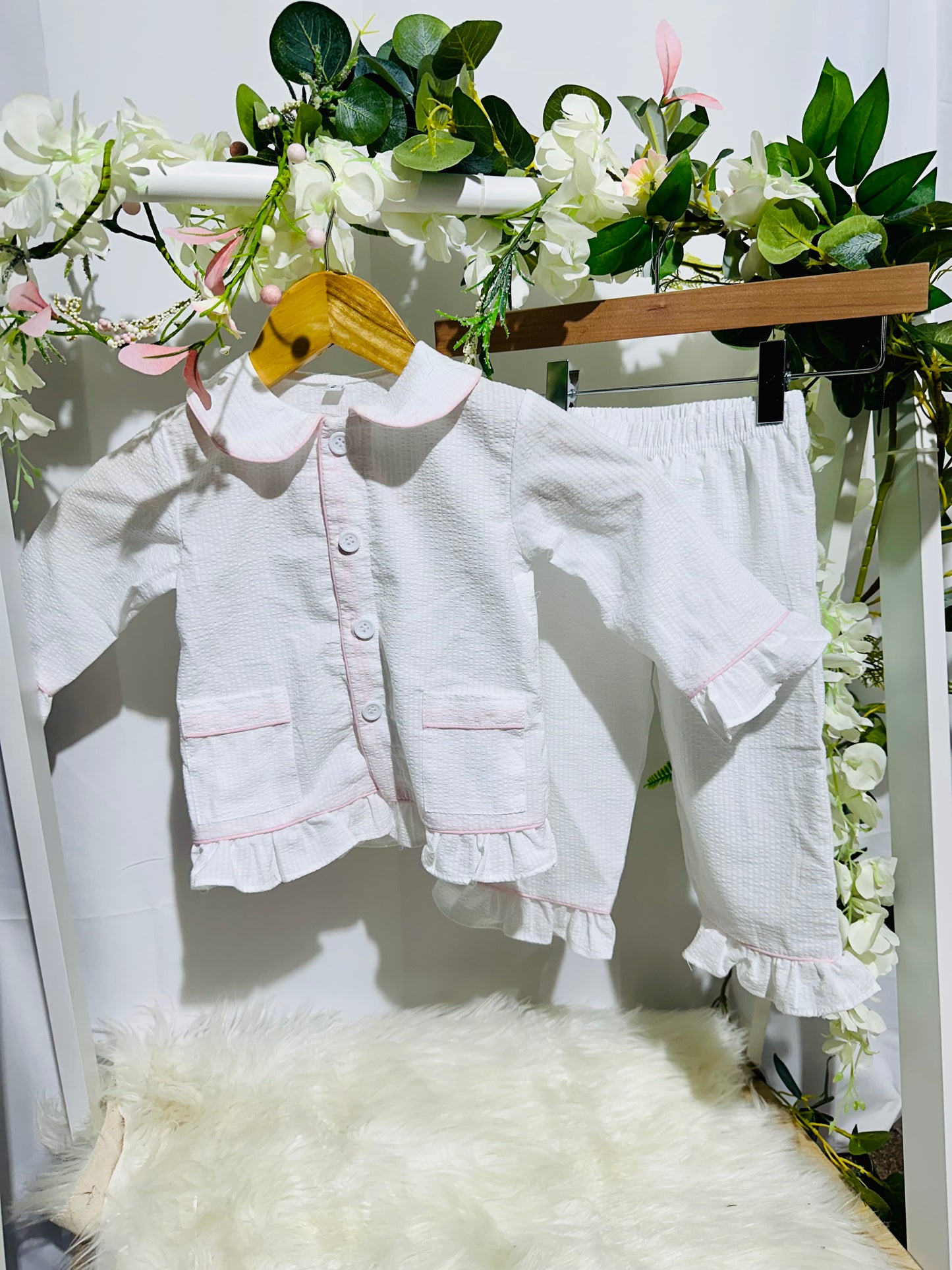 White classic birthday pjs pink trim